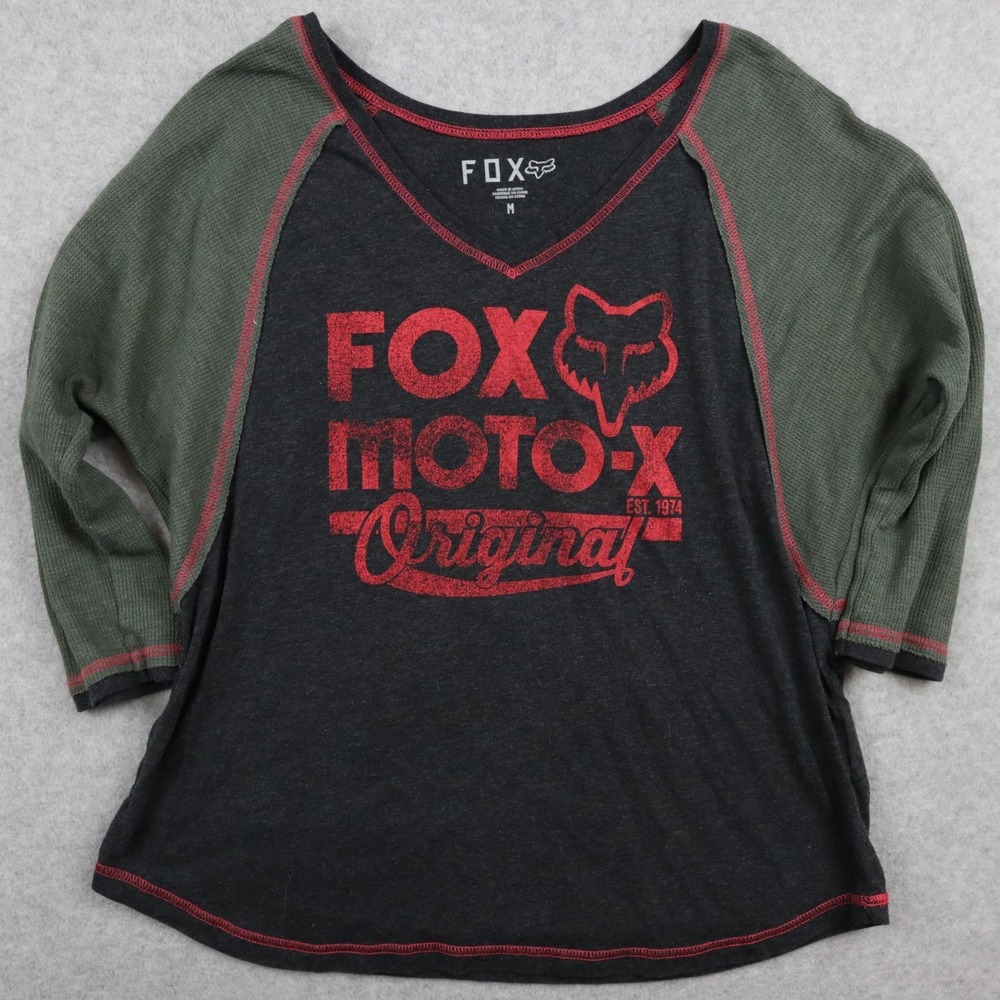 Fox Racing Shirt Top Womens Medium Moto-X Original V-Neck Gray Raglan 3/4 Sleeve